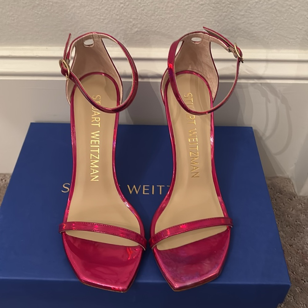 Stuart Weitzman Pink Patent Leather Ankle Strap Heels - Picture 2 of 5